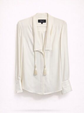 Derek Lam Ivory Silk Blouse Tassel Tie Neck Long Sleeve Quiet Luxury Sz 8